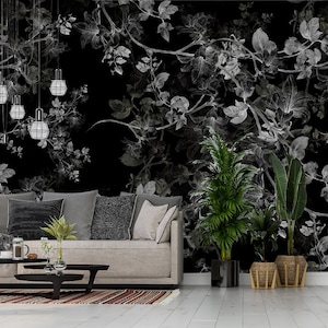 Black and white floral motive wallpaper self-adhesive, removable, peel and stick wall mural image 2