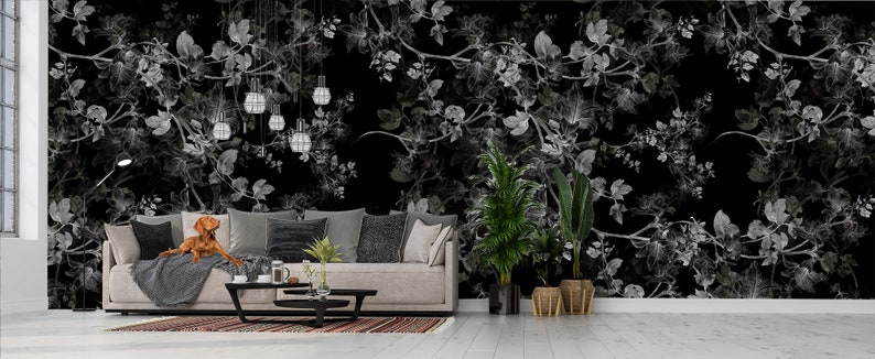 Black and white floral motive wallpaper self-adhesive, removable, peel and stick wall mural image 2