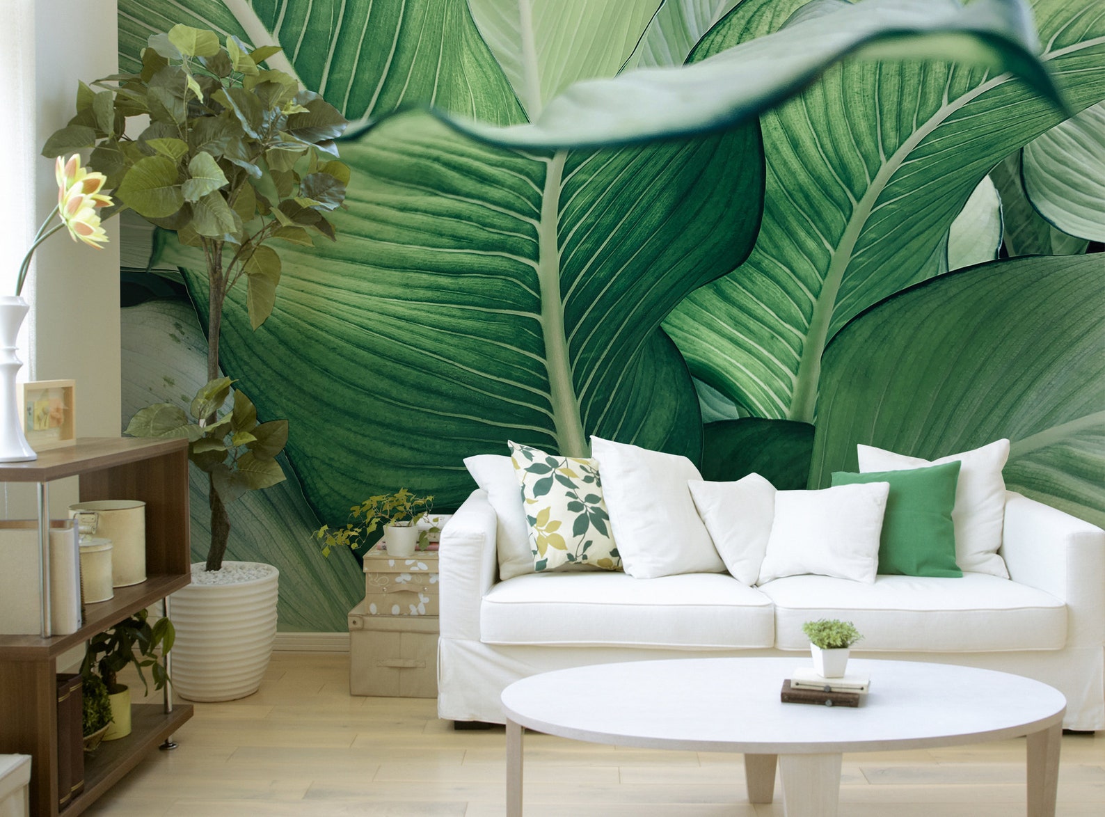 Tropical Green Leaf Wallpaper | Peel and Stick Wall Mural - Etsy