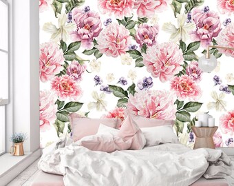 3d Aquarell Blumen Tapete, Boho Pfingstrosen, Pastell Wandbild, schälen und aufkleben