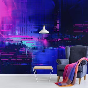 Neon Cyberpunk Tapete, Retro abstraktes Wandbild, Wohndekor | Schälen und aufkleben (selbstklebend) oder nicht klebendes Vinylpapier