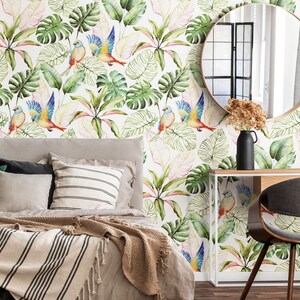 Tropische Blätter Tapete, Aquarell Botanisches Wandbild | Schälen und aufkleben (selbstklebend) oder nicht klebendes Vinylpapier