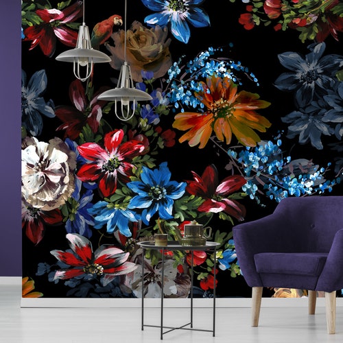 Patterned Wallpaper With Flowers and Birds Black Background - Etsy