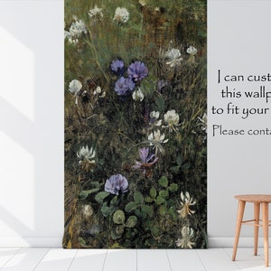 May include: A digital art print featuring a close-up of a cluster of purple and white flowers with green leaves. The flowers are arranged in a vertical composition against a dark green background.