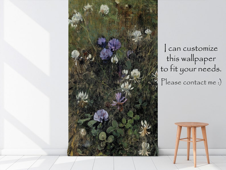 May include: A digital art print featuring a close-up of a cluster of purple and white flowers with green leaves. The flowers are arranged in a vertical composition against a dark green background.