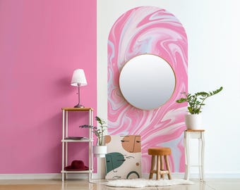 Adesivo de parede com arco de mármore rosa, papel de parede abstrato removível.