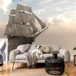 Beige wallpaper with Sailboat On The Sea | self-adhesive, removable, peel & stick wall mural, wall decor