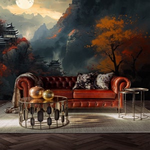 Asian landscape wallpaper, japanese buildings and mountains in the background | Peel and Stick (Self Adhesive) or Non Adhesive Vinyl Paper