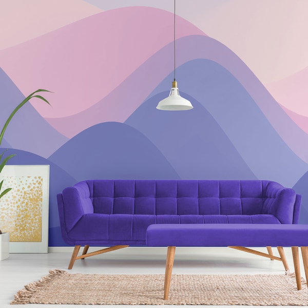 Vector abstract pink and purple hills wallpaper, Peel & Stick, Self Adhesive Removable Wall Mural