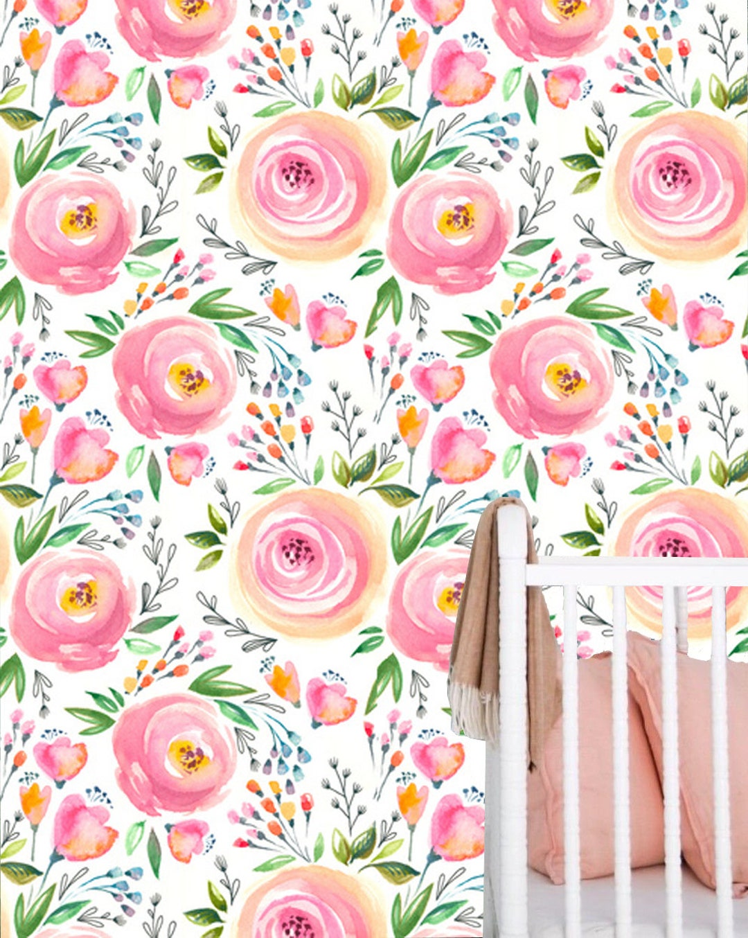 Pink Rose Watercolor Wallpaper, Floral Peel and Stick Wall Mural - Etsy