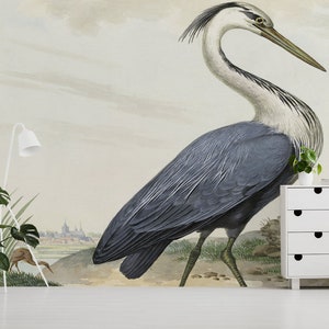 Vintage Landschaftstapete mit Reihervogel, Peel & Stick-Tapete, selbstklebendes entfernbares Wandbild