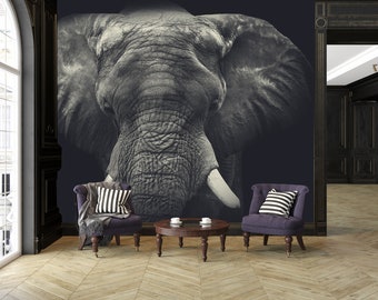 Black and white elephant wallpaper, animal wall mural | self-adhesive, removable, peel & stick wall mural, wall decor