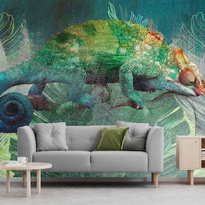 Colorful Chameleon wallpaper, exotic animal mural | self-adhesive, removable, peel & stick wall mural