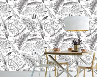 Black and white tropical leaves wallpaper | self-adhesive, removable, peel & stick wall mural, wall decor