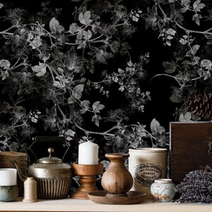 Black and white floral motive wallpaper self-adhesive, removable, peel and stick wall mural image 4