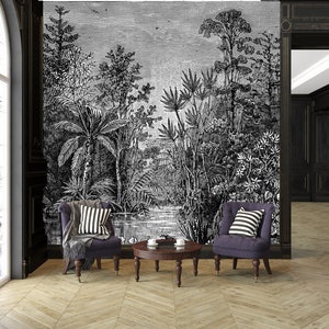 Black and white hand drawn tropical landscape wallpaper | self-adhesive, removable, peel & stick wall mural, wall decor