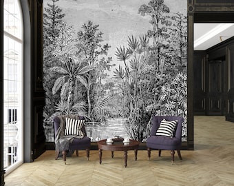 Black and white hand drawn tropical landscape wallpaper | self-adhesive, removable, peel & stick wall mural, wall decor