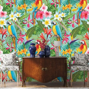 Tapete mit tropischem Blumenmuster, Papageien, exotischer Vogel, Blumenmuster | Schälen und aufkleben (selbstklebend) oder nicht klebendes Vinylpapier