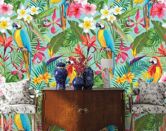 Papier peint floral bohème tropical avec perroquets, oiseau exotique, imprimé floral | Papier autocollant (autocollant) ou vinyle non adhésif
