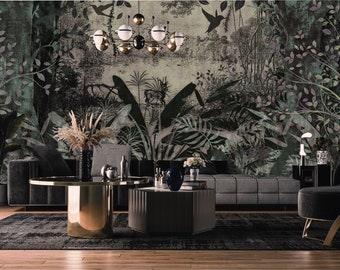 Vintage magical forest wallpaper, old mural, flying birds | self-adhesive, removable, peel & stick wall mural, wall decor