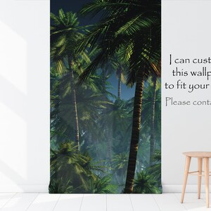 May include: A digital illustration of a tropical rainforest with lush green palm trees and a dark blue sky. The text "I can customize this wallpaper to fit your needs. Please contact me. :)" is visible in the lower right corner of the image.