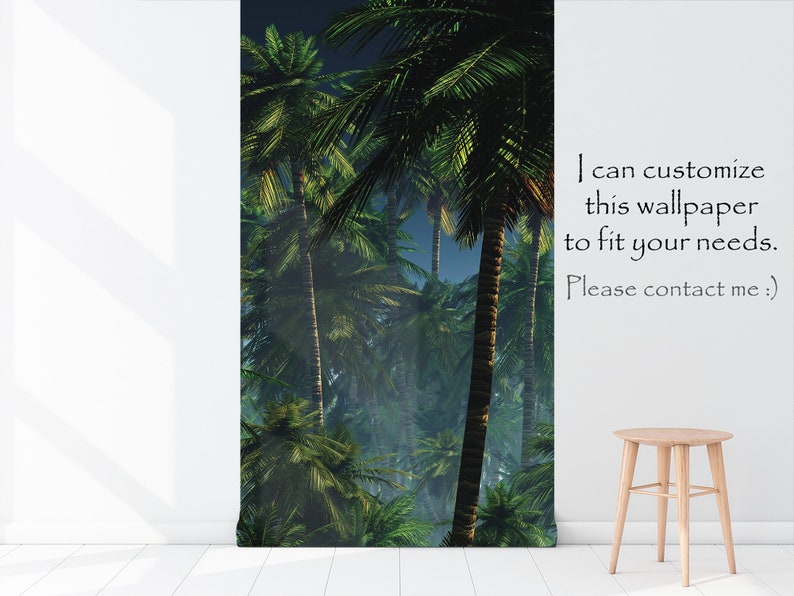 May include: A digital illustration of a tropical rainforest with lush green palm trees and a dark blue sky. The text "I can customize this wallpaper to fit your needs. Please contact me. :)" is visible in the lower right corner of the image.