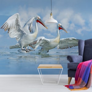 Papier peint bleu avec des oiseaux au-dessus de l’eau, auto-adhésif, peinture murale florale à décoller et à coller