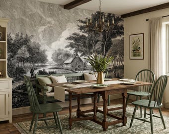 May include: A dining room featuring a wooden table with green chairs and a bench, set against a large black and white landscape mural. A cream-colored hutch displays blue and white plates, while a chandelier hangs above the table.