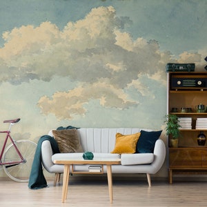 Cloudy Sky Wallpaper, Vintage Painting Wall Mural | Peel and Stick (Self Adhesive) or Non Adhesive Vinyl Paper