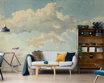 Vintage Cloudy Sky Wallpaper Mural, Peel and Stick or Non Adhesive