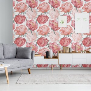 Watercolor wallpaper with pink and red painted peony flowers, self adhesive, peel and stick floral wall mural