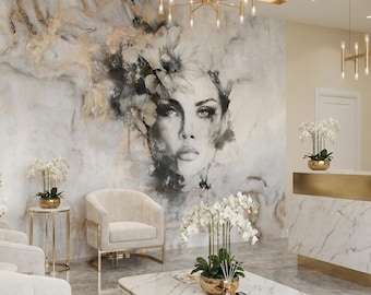 Abstract Woman Face Wallpaper, Concrete Grunge Wall Mural, Industrial Peel and Stick Wall Art, Modern Female Portrait for Beauty Salon Decor