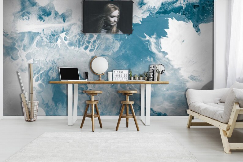 abstract acrylic aquatic art,creative wall blue Peel and stick-Wall decor Self Adhesive Wall Mural-Reusable Blue marble texture wallpaper