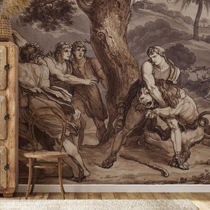 Vintage wallpaper, antique lion scene, landscape wall mural | Peel and Stick (Self Adhesive) or Non Adhesive Vinyl Paper
