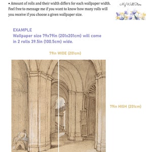 Pu&ograve; includere: Uno schema che mostra come calcolare il numero di rotoli di carta da parati necessari per una parete di 79 pollici di larghezza e 79 pollici di altezza. La parete &egrave; divisa in due sezioni, ciascuna di 39,5 pollici di larghezza. Il testo "79in WIDE (201cm)" &egrave; in cima allo schema, e il testo "79in HIGH (201cm)" &egrave; sul lato destro dello schema. Il testo "39.5in (100.5cm)" &egrave; in fondo a ciascuna sezione.