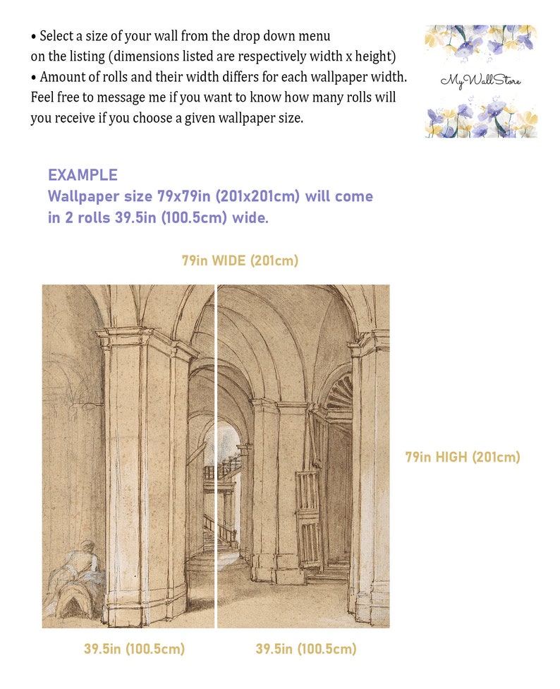 Pu&ograve; includere: Uno schema che mostra come calcolare il numero di rotoli di carta da parati necessari per una parete di 79 pollici di larghezza e 79 pollici di altezza. La parete &egrave; divisa in due sezioni, ciascuna di 39,5 pollici di larghezza. Il testo "79in WIDE (201cm)" &egrave; in cima allo schema, e il testo "79in HIGH (201cm)" &egrave; sul lato destro dello schema. Il testo "39.5in (100.5cm)" &egrave; in fondo a ciascuna sezione.