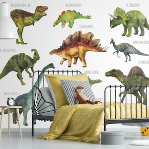 Animal wallpaper with cute watercolor dinosaurs and their names, self adhesive, peel and stick wall mural