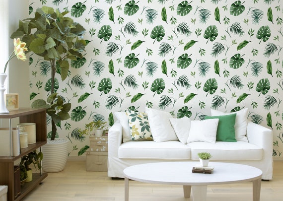 Autocollant Mural Plante Verte Sticker Mural Plante Tropicale Papier peint  avec feuilles de banane et feuilles