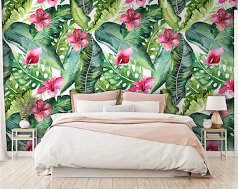 Beautiful pink hibiscus flowers and green tropical leaves watercolor wallpaper, Peel and stick-Wall decor-Self, Adhesive Wall Mural-Reusable