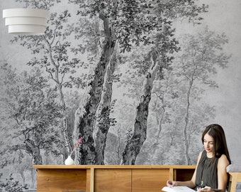 Black and White Trees painting wallpaper, Peel & Stick Wallpaper, Self Adhesive Removable Wall Mural