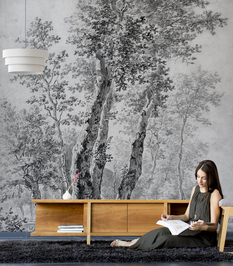 Black and White Trees Painting Wallpaper Peel & Stick Etsy