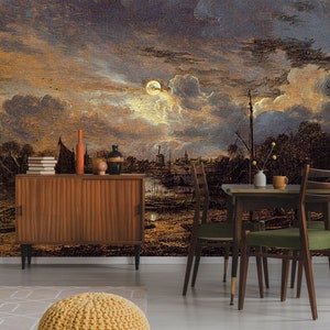 Dark vintage landscape wall mural, scenic wallpaper | Peel and Stick (Self Adhesive) or Non Adhesive Vinyl Paper