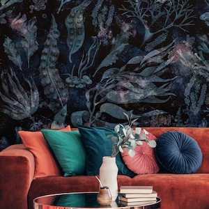 Dunkle botanische Tapete, Blattmuster mit Blau- und Schwarztönen* | selbstklebendes, ablösbares Wandbild