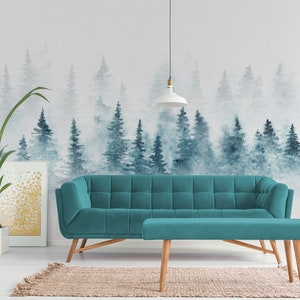 Watercolor wallpaper with winter foggy conifer forest, self adhesive, peel and stick floral wall mural