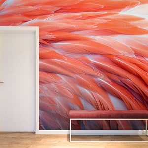 Roter Vogel Federn Wandbild, Feder Tapete | Abziehen und aufkleben (selbstklebend) oder nicht klebendes Vinylpapier
