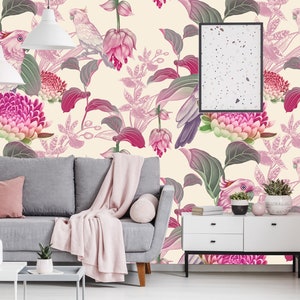 Tropical floral pattern, Exotic birds parrots on branches of tree, wallpaper | self-adhesive, removable, peel and stick wall mural