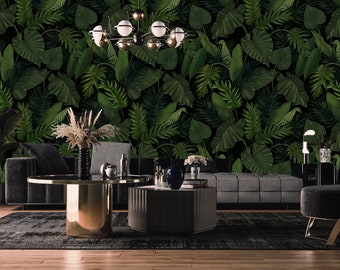 Tropical dark green leaves on black background, leaf pattern, wallpaper | self-adhesive, removable, peel and stick wall mural