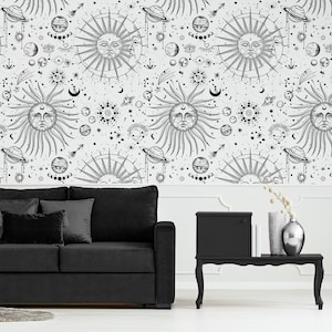 Astronomy & Astrology Themed Patterned White Wallpaper with Celestial Bodies | Peel and Stick (Self Adhesive) or Non Adhesive Vinyl Paper