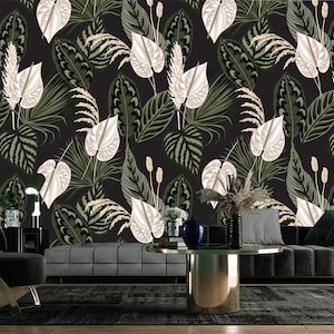 Tropical wallpaper, floral palm leaves, exotic jungle | self-adhesive wallpaper, removable, peel & stick wall mural, wall decor