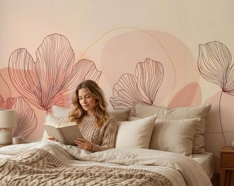 Abstract floral wallpaper, botanical wall mural, vintage home decor | Peel and Stick (Self Adhesive) or Traditional Vinyl Paper